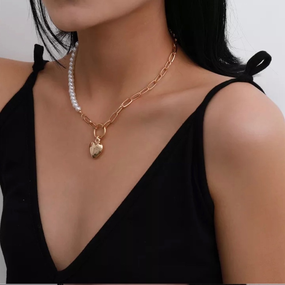 Pearl Link Chain Puffy Heart Gold Tone Necklace